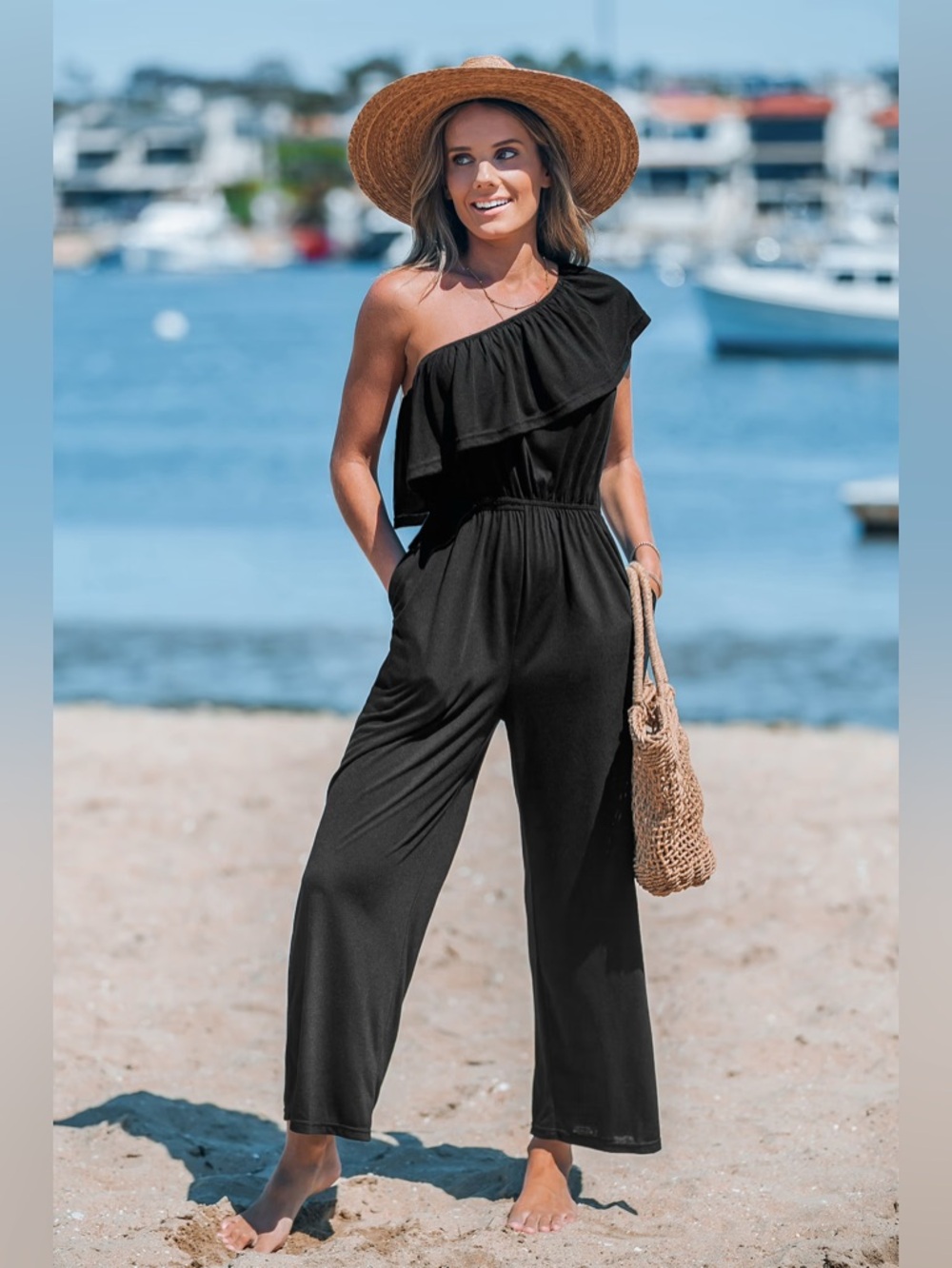CUPSHE | Ruffled One-Shoulder Black Jumpsuit